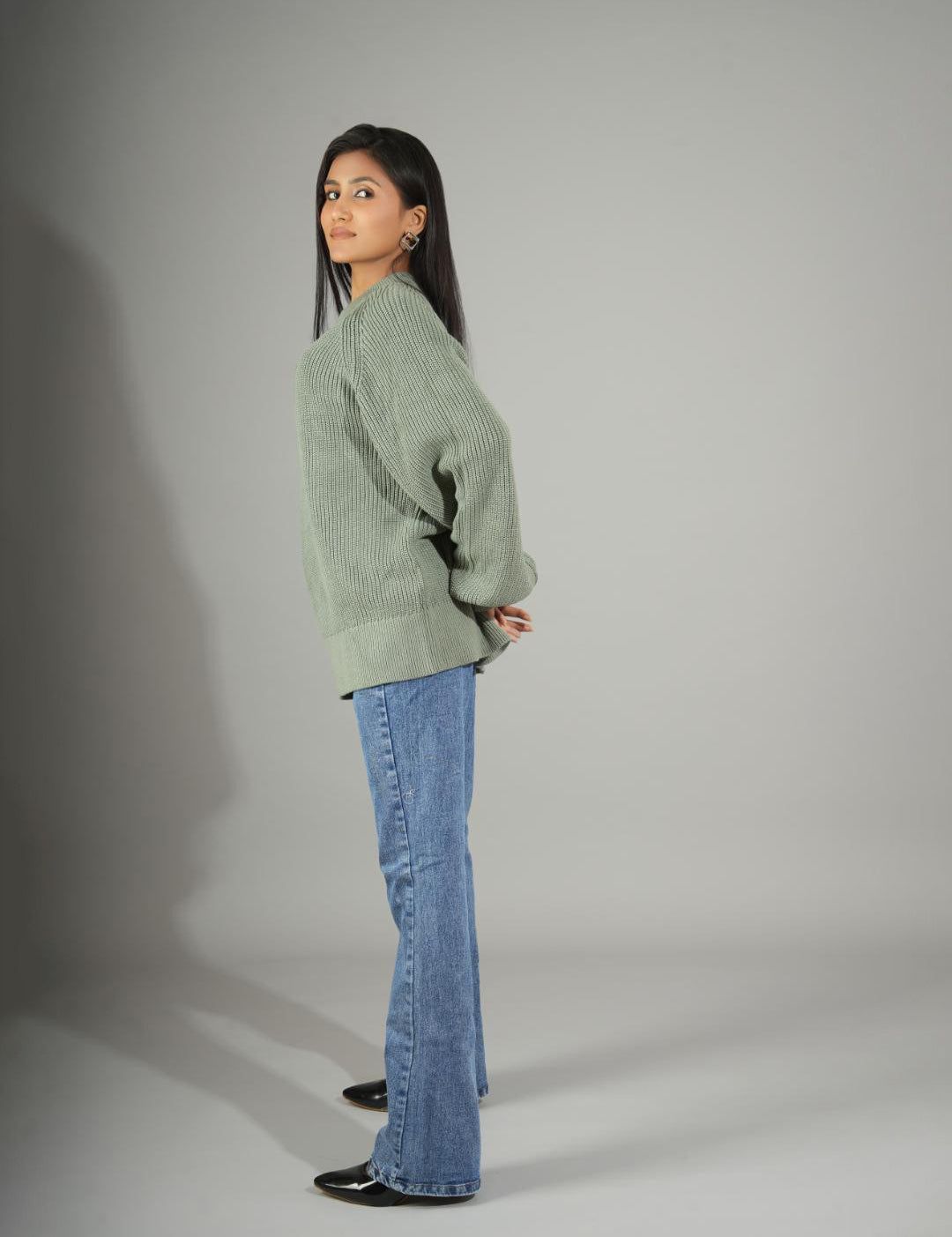 KOTTY Self Design Round Neck Casual Women Green Sweater 