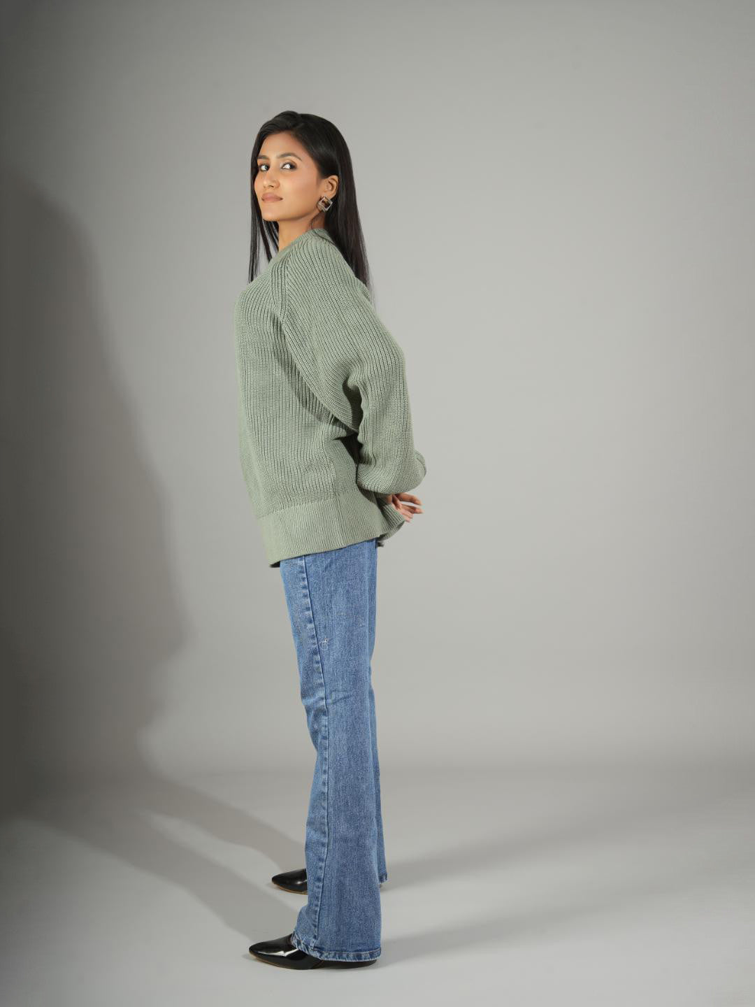 KOTTY Self Design Round Neck Casual Women Green Sweater 