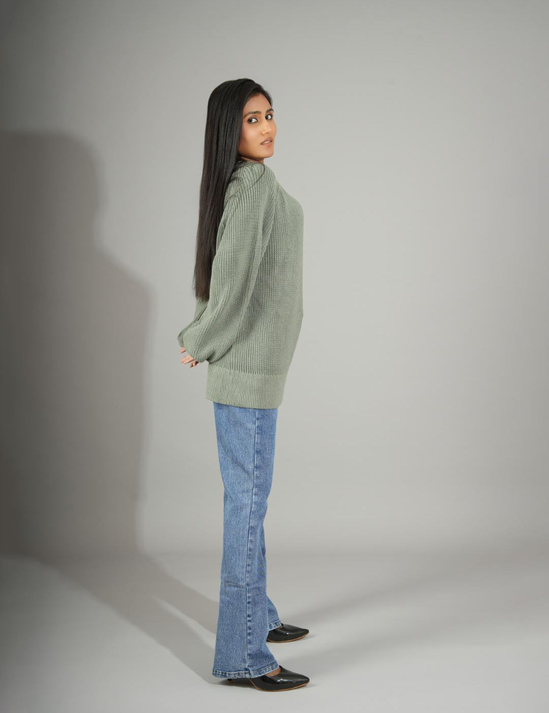 KOTTY Self Design Round Neck Casual Women Green Sweater 
