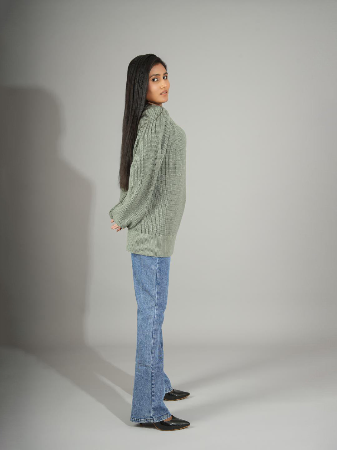 KOTTY Self Design Round Neck Casual Women Green Sweater 