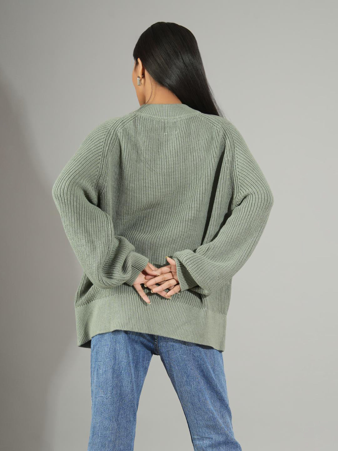 KOTTY Self Design Round Neck Casual Women Green Sweater 