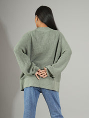 KOTTY Self Design Round Neck Casual Women Green Sweater 