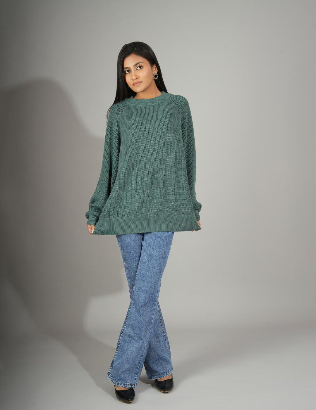KOTTY Self Design Round Neck Casual Women Green Sweater 