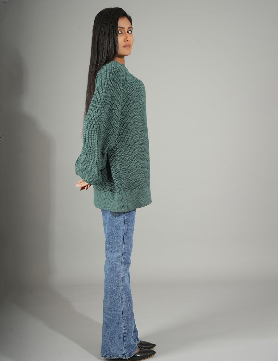 KOTTY Self Design Round Neck Casual Women Green Sweater 