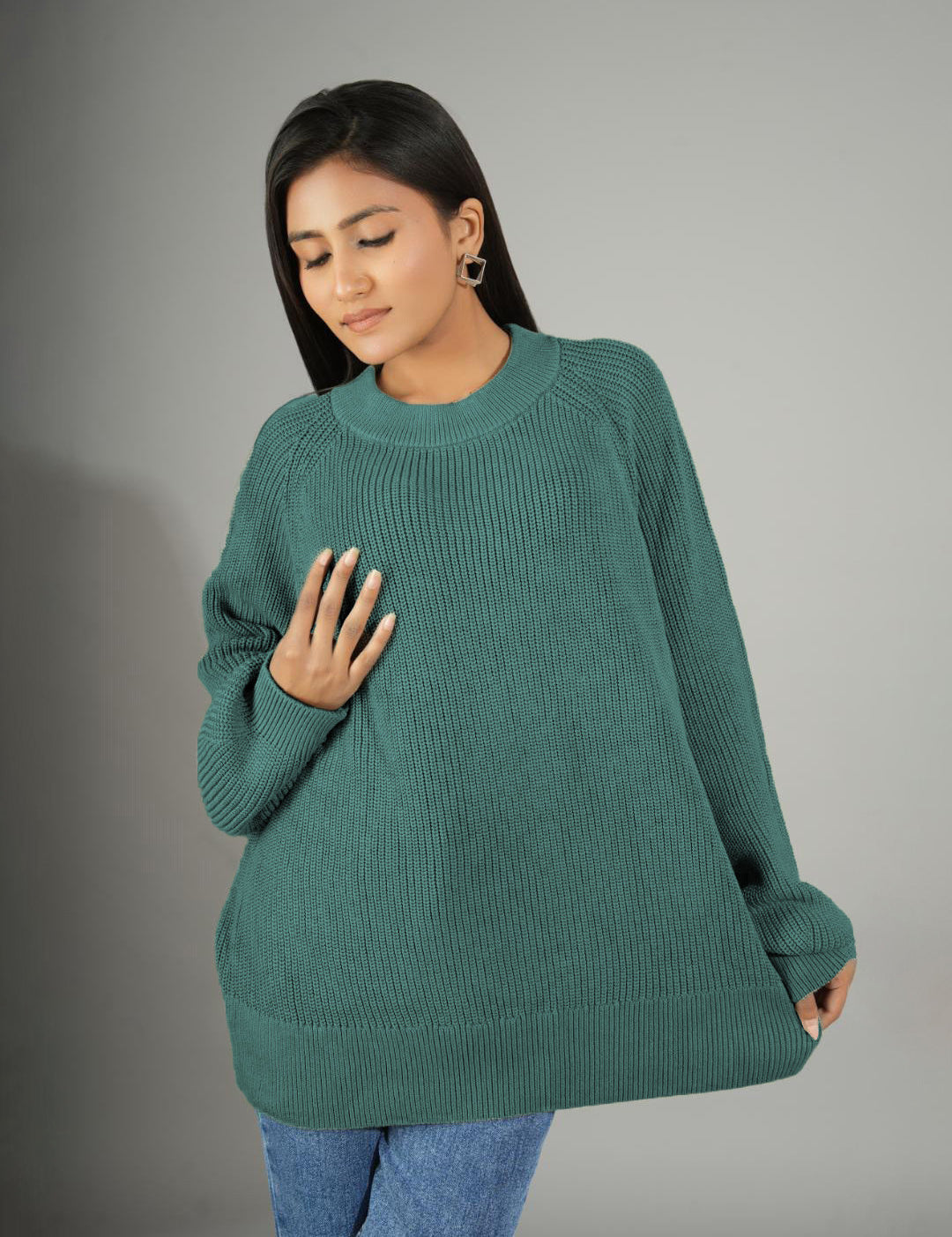 KOTTY Self Design Round Neck Casual Women Green Sweater 