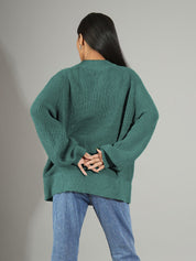 KOTTY Self Design Round Neck Casual Women Green Sweater 