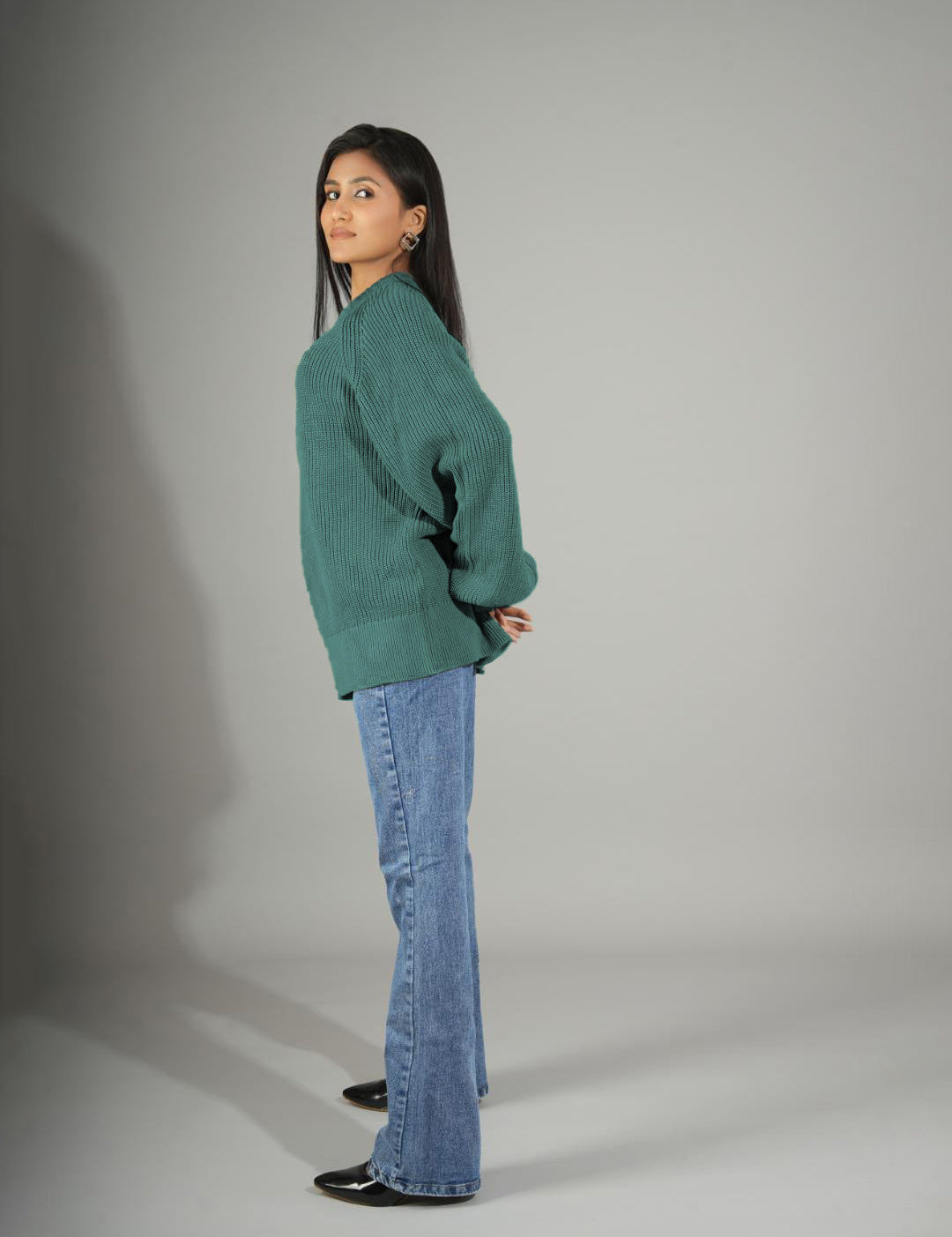 KOTTY Self Design Round Neck Casual Women Green Sweater 