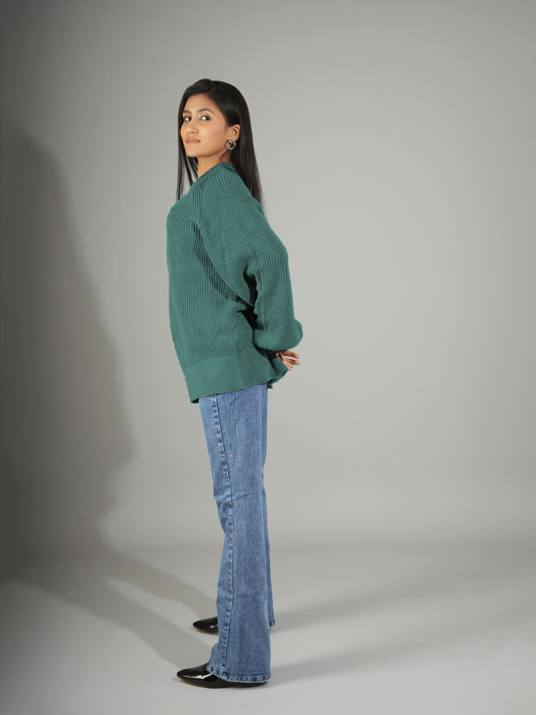 KOTTY Self Design Round Neck Casual Women Green Sweater 