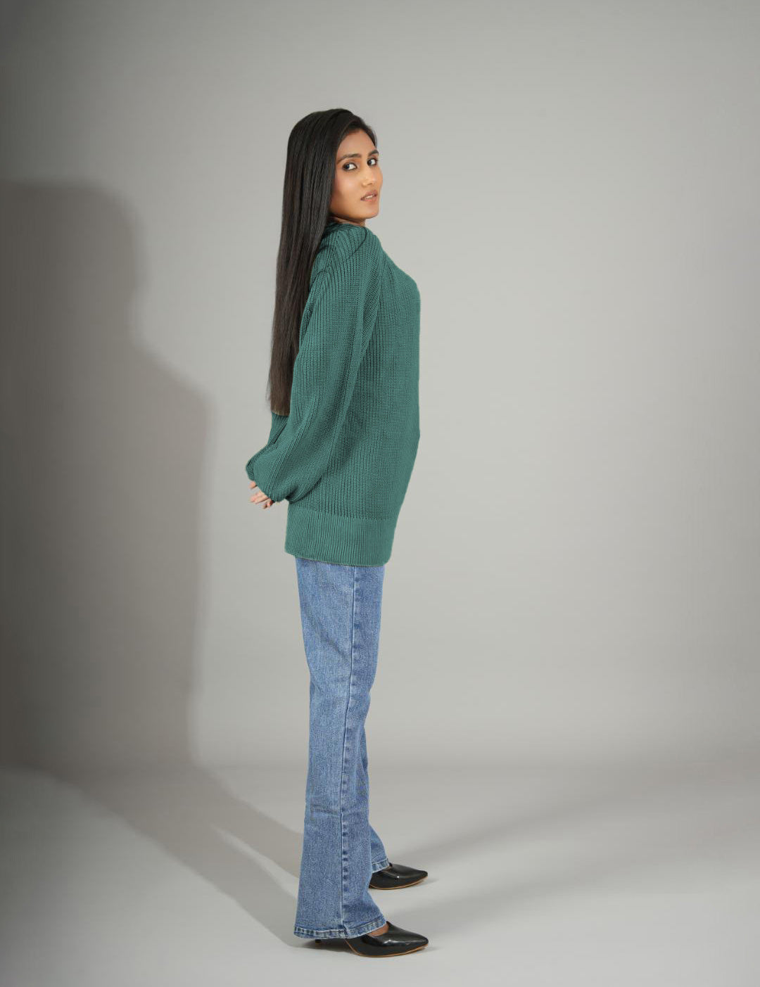 KOTTY Self Design Round Neck Casual Women Green Sweater 
