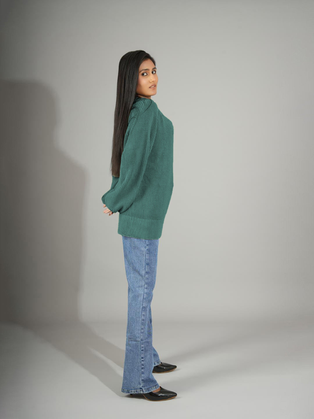 KOTTY Self Design Round Neck Casual Women Green Sweater 