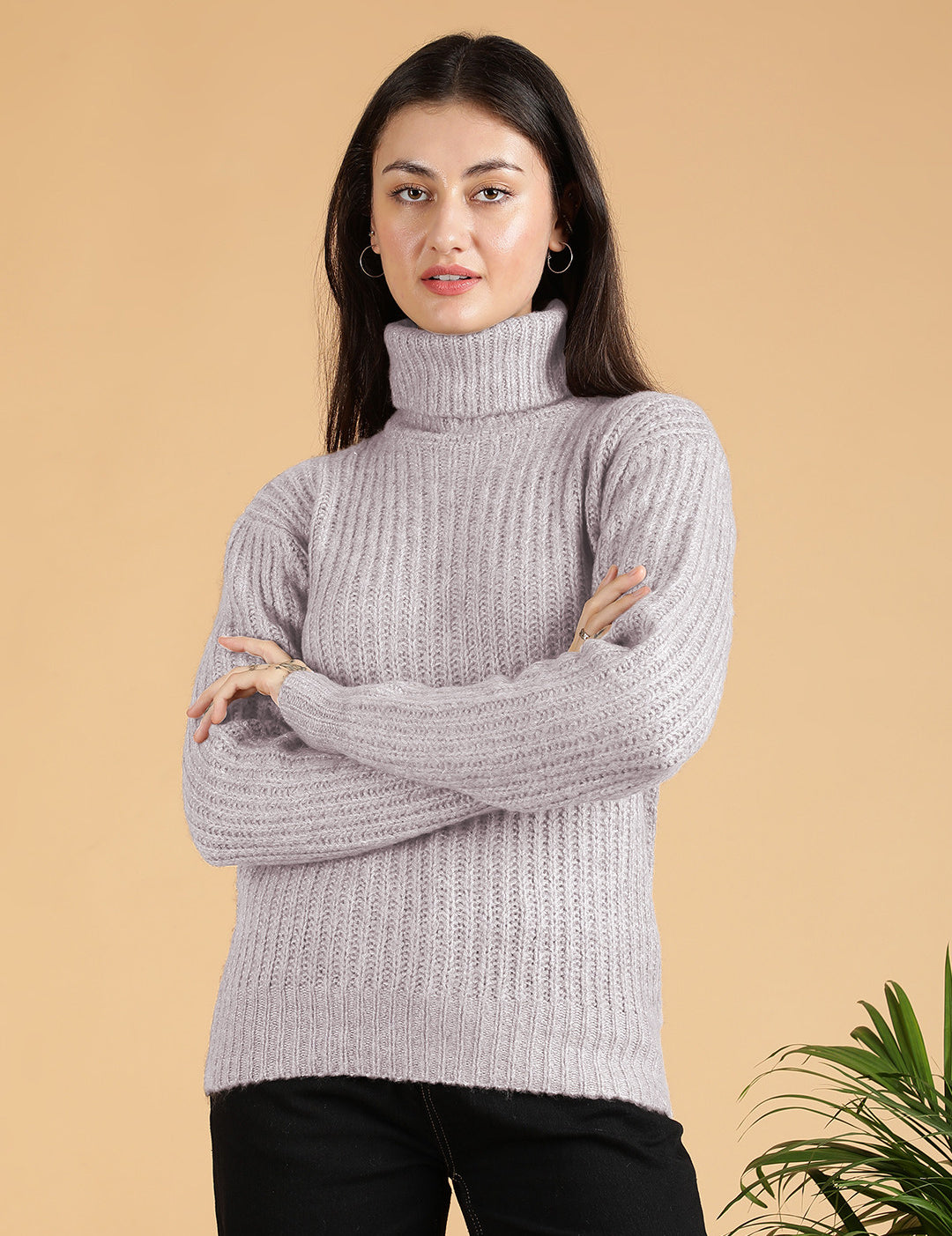 KOTTY Solid High Neck Casual Women Grey Sweater 