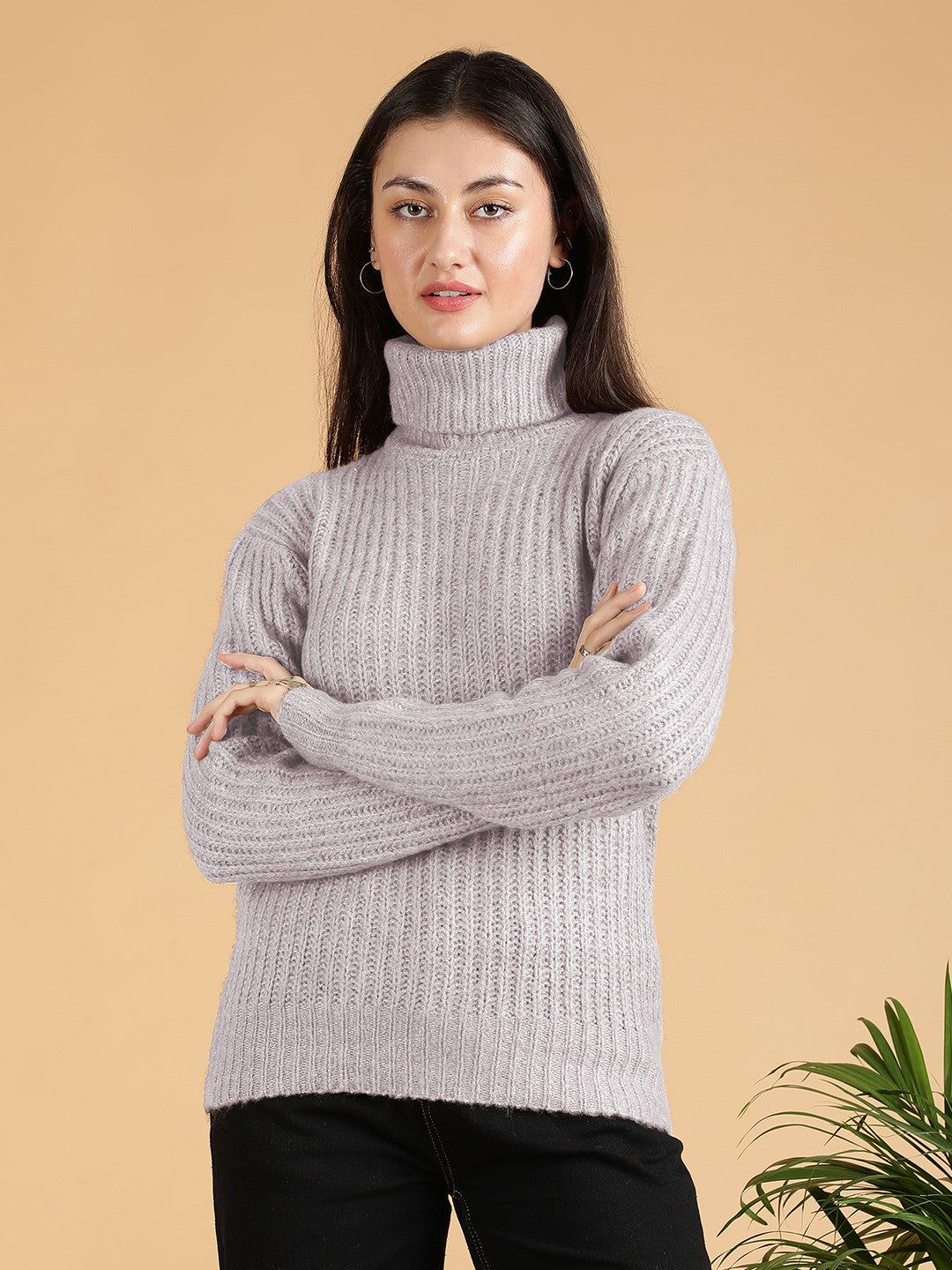 KOTTY Solid High Neck Casual Women Grey Sweater 