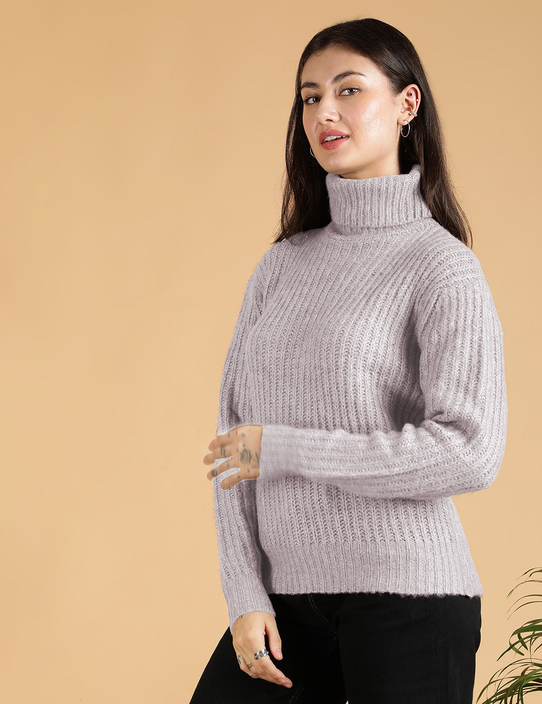 KOTTY Solid High Neck Casual Women Grey Sweater 