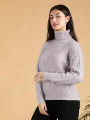 KOTTY Solid High Neck Casual Women Grey Sweater 