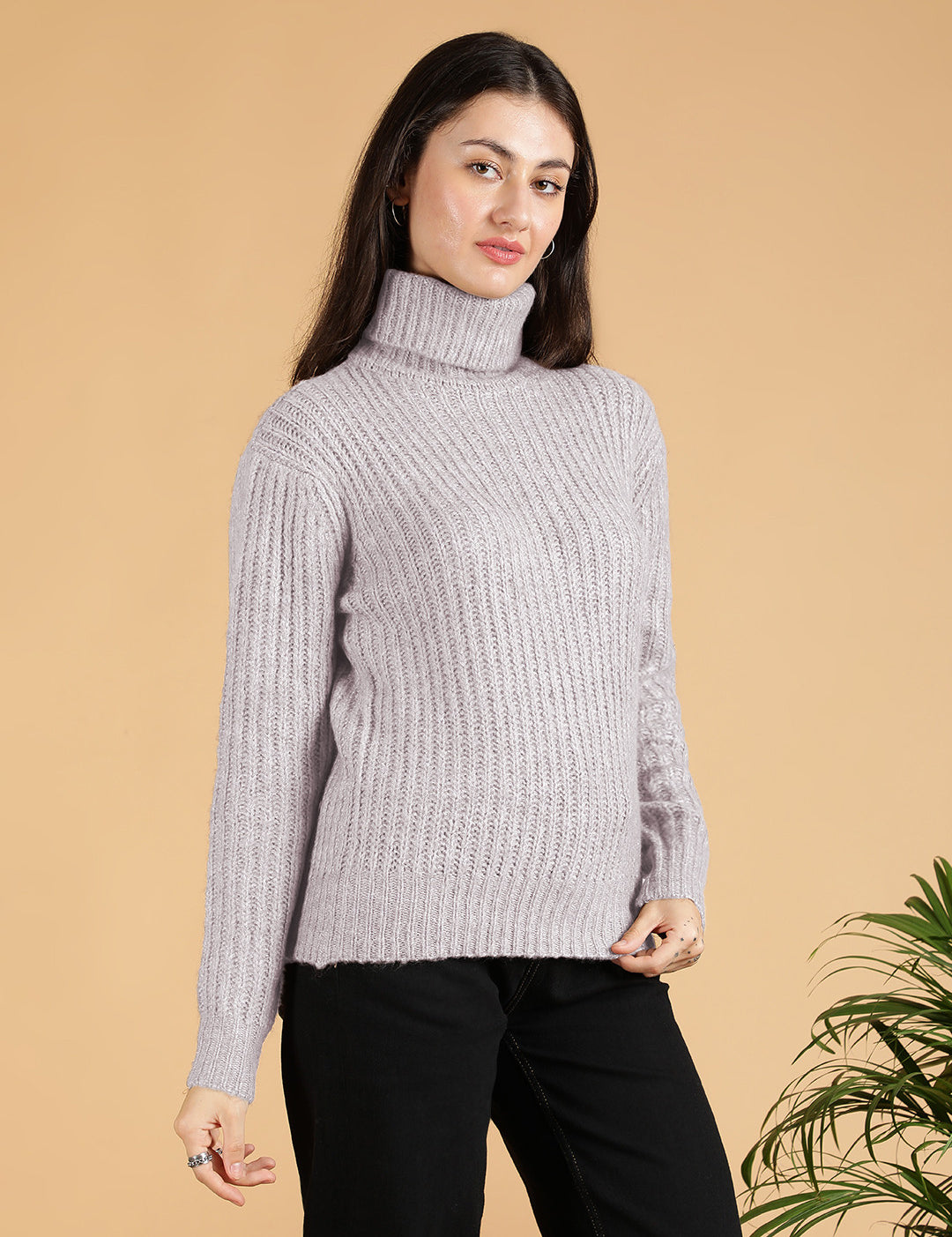 KOTTY Solid High Neck Casual Women Grey Sweater 