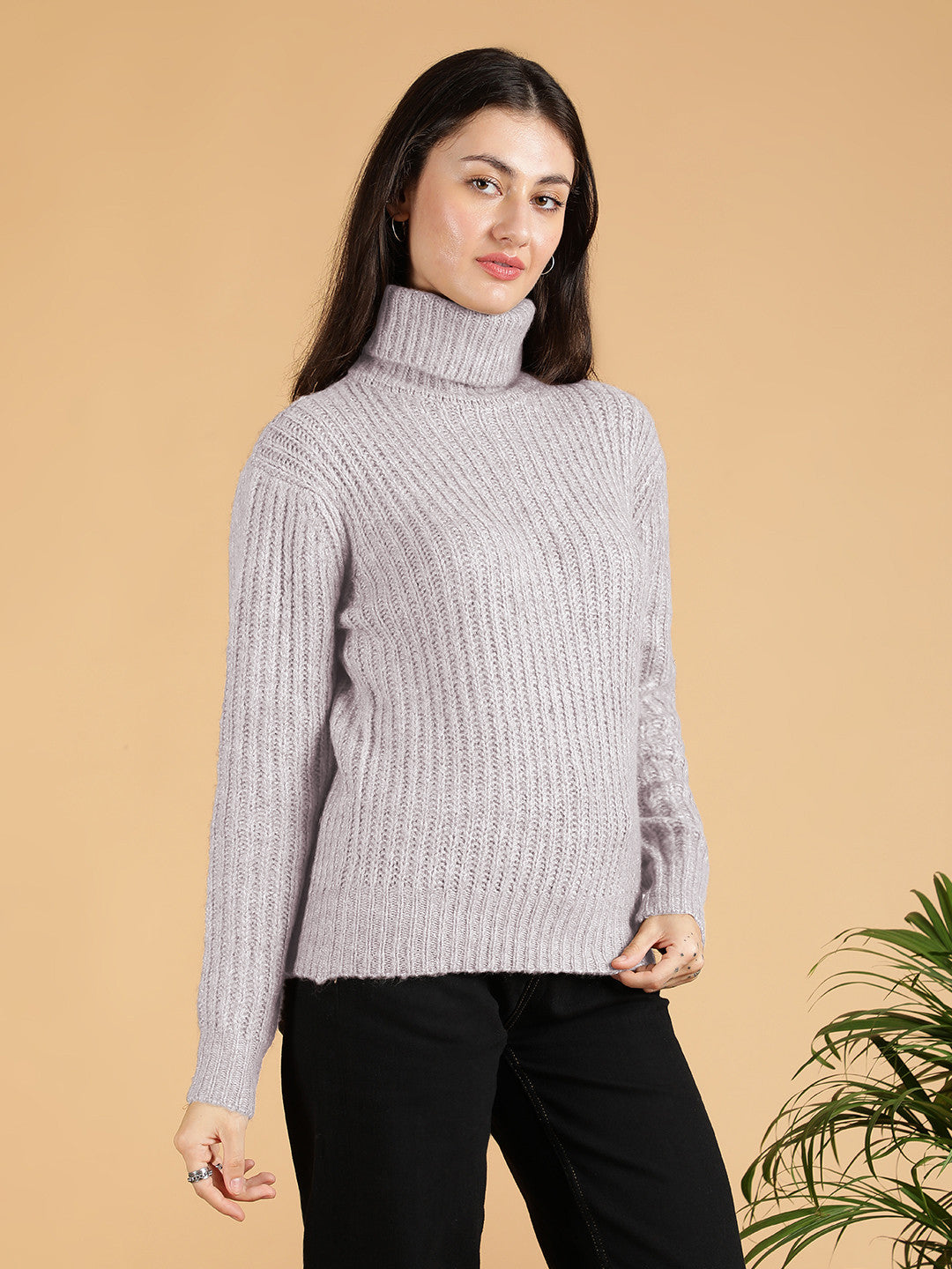 KOTTY Solid High Neck Casual Women Grey Sweater 
