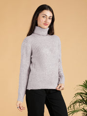 KOTTY Solid High Neck Casual Women Grey Sweater 