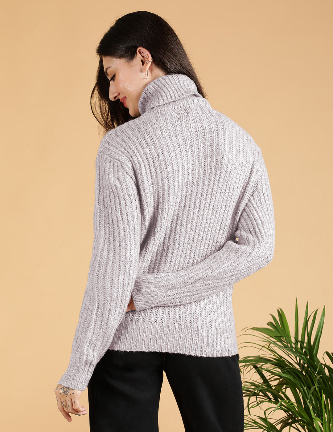 KOTTY Solid High Neck Casual Women Grey Sweater 