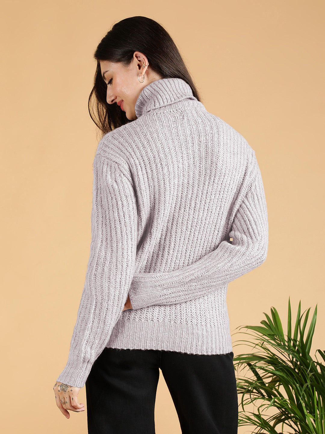 KOTTY Solid High Neck Casual Women Grey Sweater 