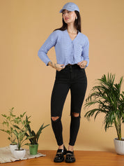 KOTTY Self Design V Neck Casual Women Blue Sweater 