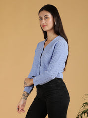 KOTTY Self Design V Neck Casual Women Blue Sweater 