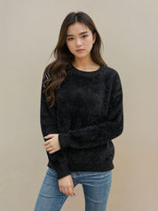 KOTTY Solid Round Neck Casual Women Black Sweater 