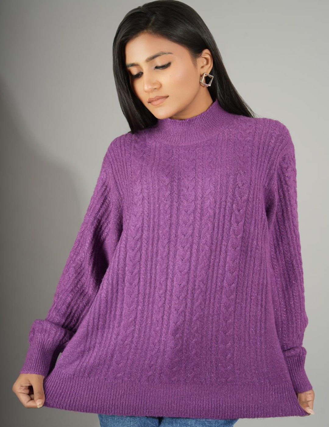 KOTTY Woven Collared Neck Casual Women Purple Sweater 