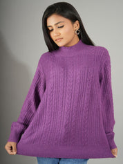 KOTTY Woven Collared Neck Casual Women Purple Sweater 