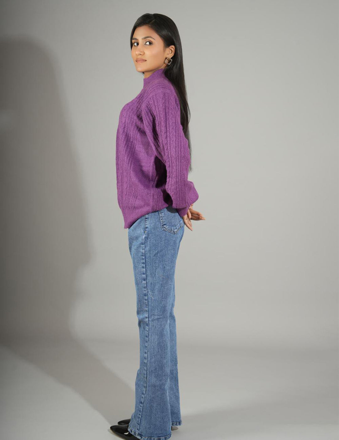 KOTTY Woven Collared Neck Casual Women Purple Sweater 