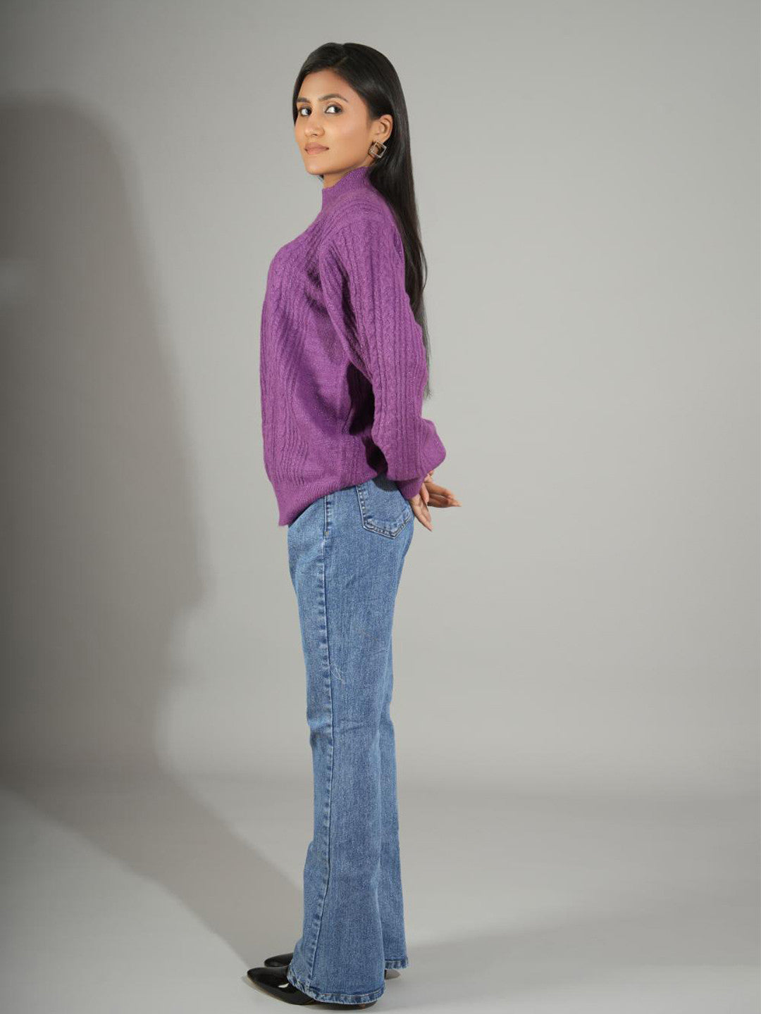 KOTTY Woven Collared Neck Casual Women Purple Sweater 