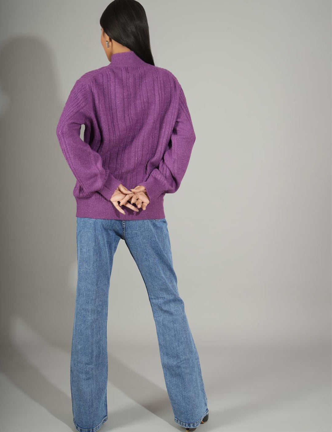 KOTTY Woven Collared Neck Casual Women Purple Sweater 