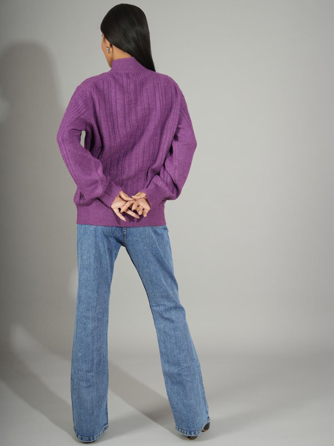 KOTTY Woven Collared Neck Casual Women Purple Sweater 