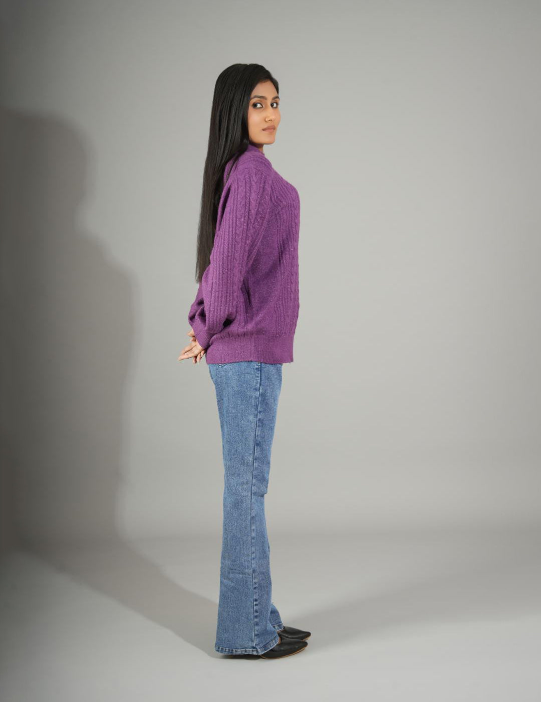 KOTTY Woven Collared Neck Casual Women Purple Sweater 