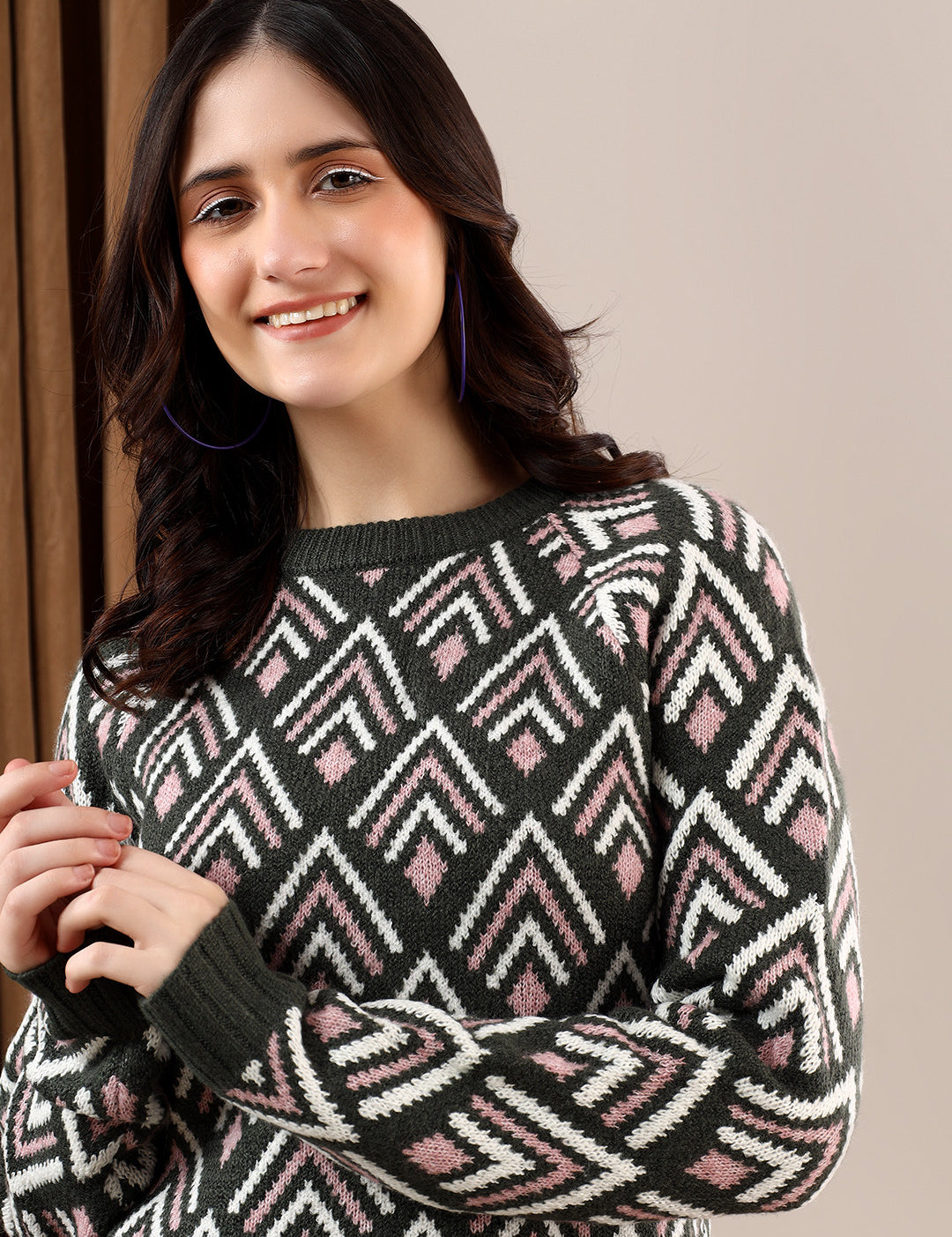 KOTTY Self Design Round Neck Casual Women Multicolor Sweater 