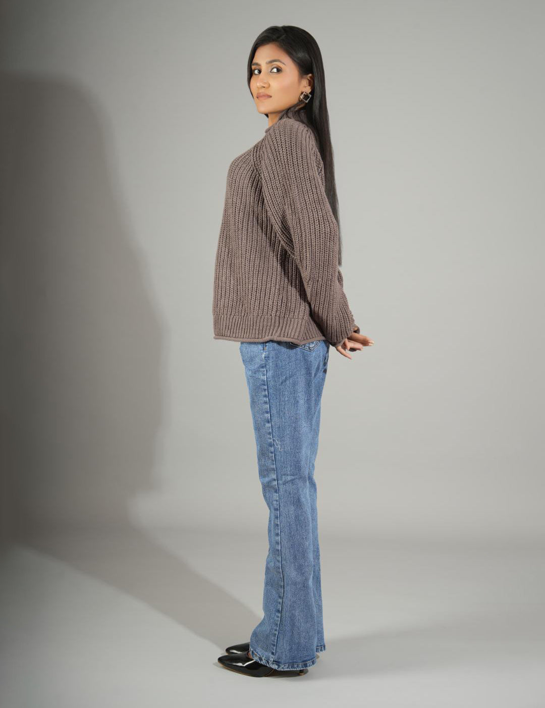 KOTTY Woven Collared Neck Casual Women Brown Sweater 