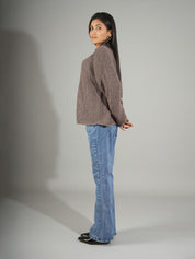 KOTTY Woven Collared Neck Casual Women Brown Sweater 