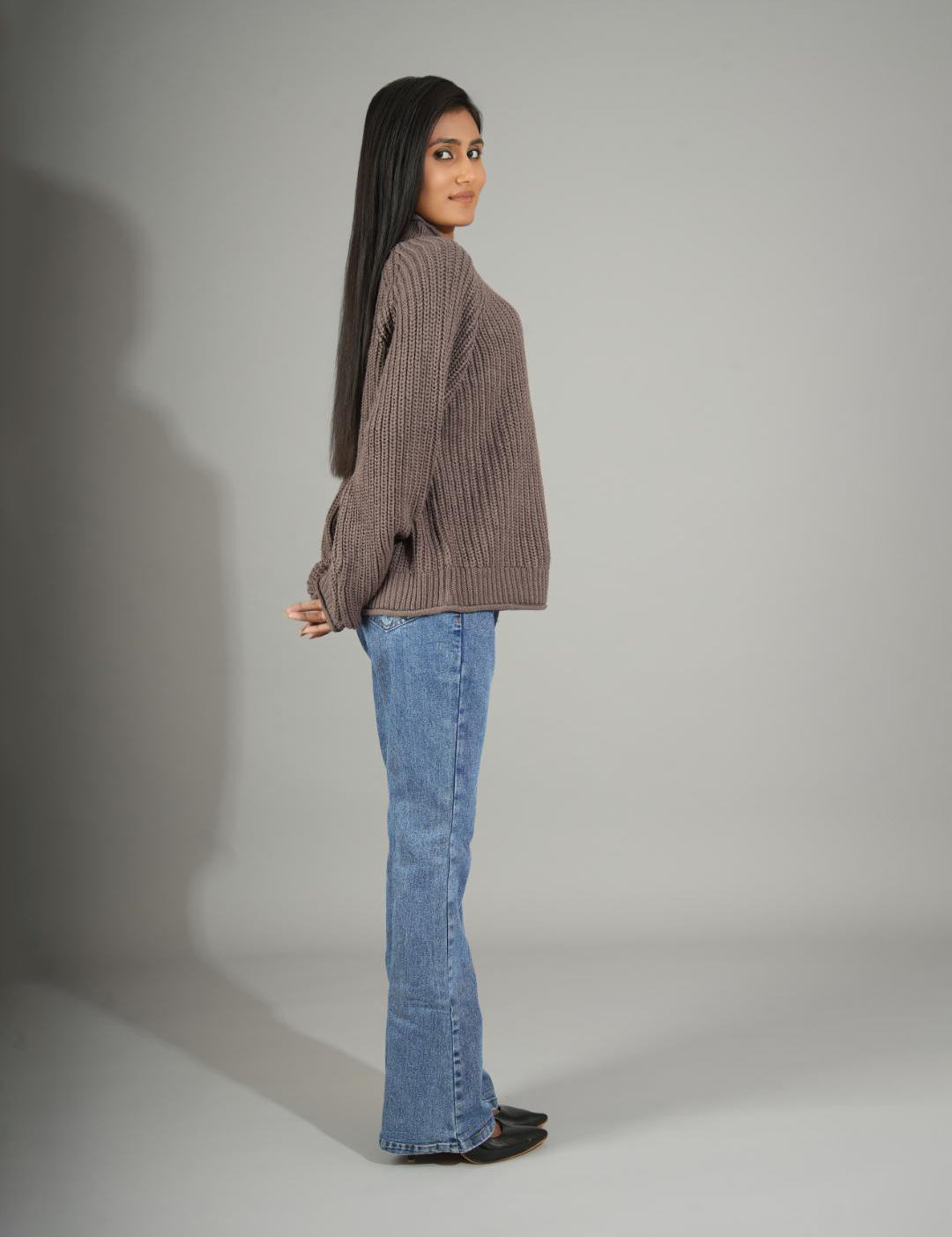 KOTTY Woven Collared Neck Casual Women Brown Sweater 