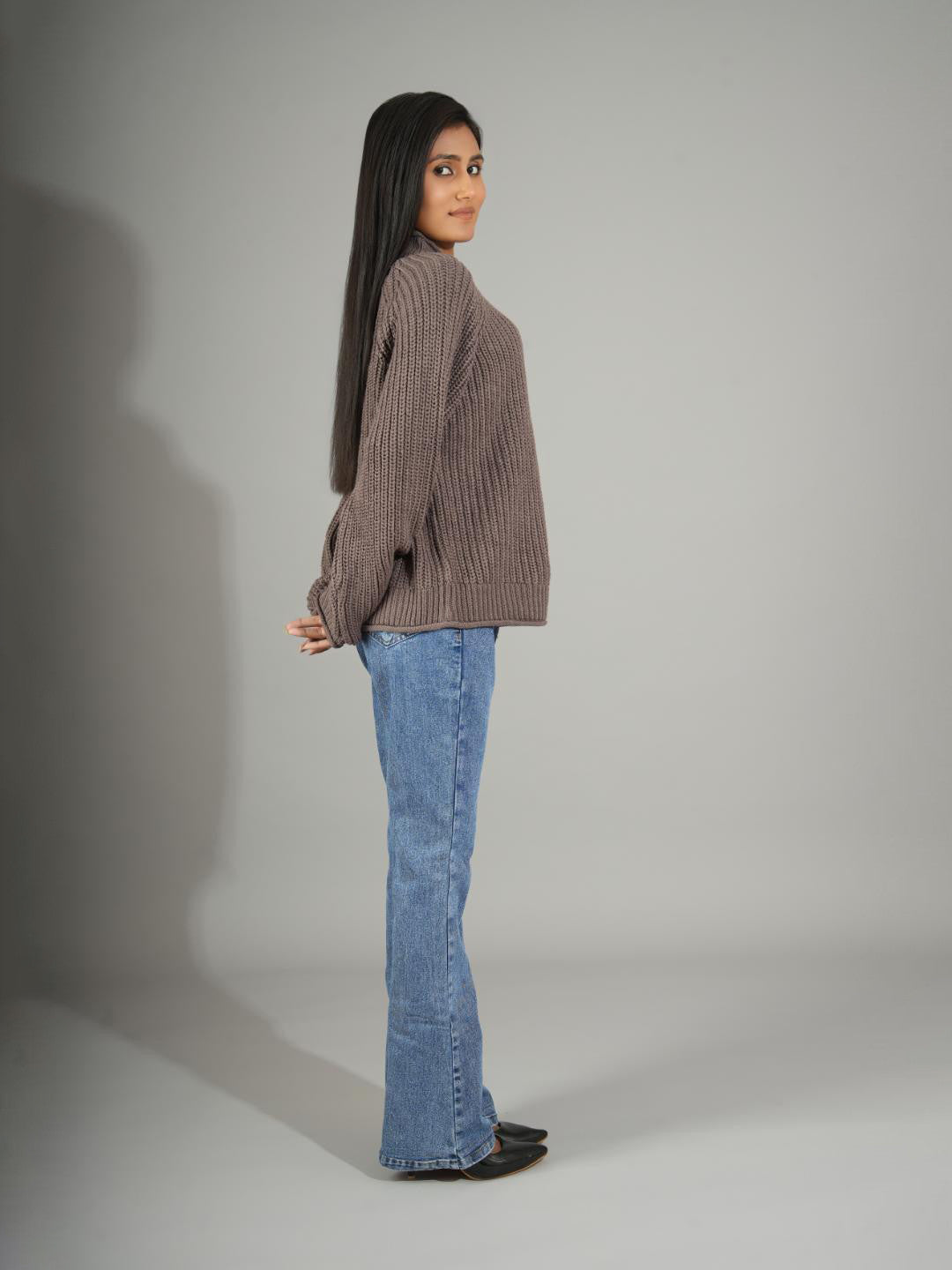 KOTTY Woven Collared Neck Casual Women Brown Sweater 
