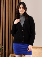 KOTTY Self Design V Neck Casual Women Black Sweater 