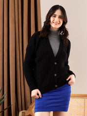 KOTTY Self Design V Neck Casual Women Black Sweater 