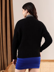 KOTTY Self Design V Neck Casual Women Black Sweater 