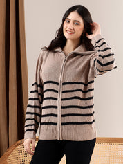 KOTTY Striped Collared Neck Casual Women Multicolor Sweater 