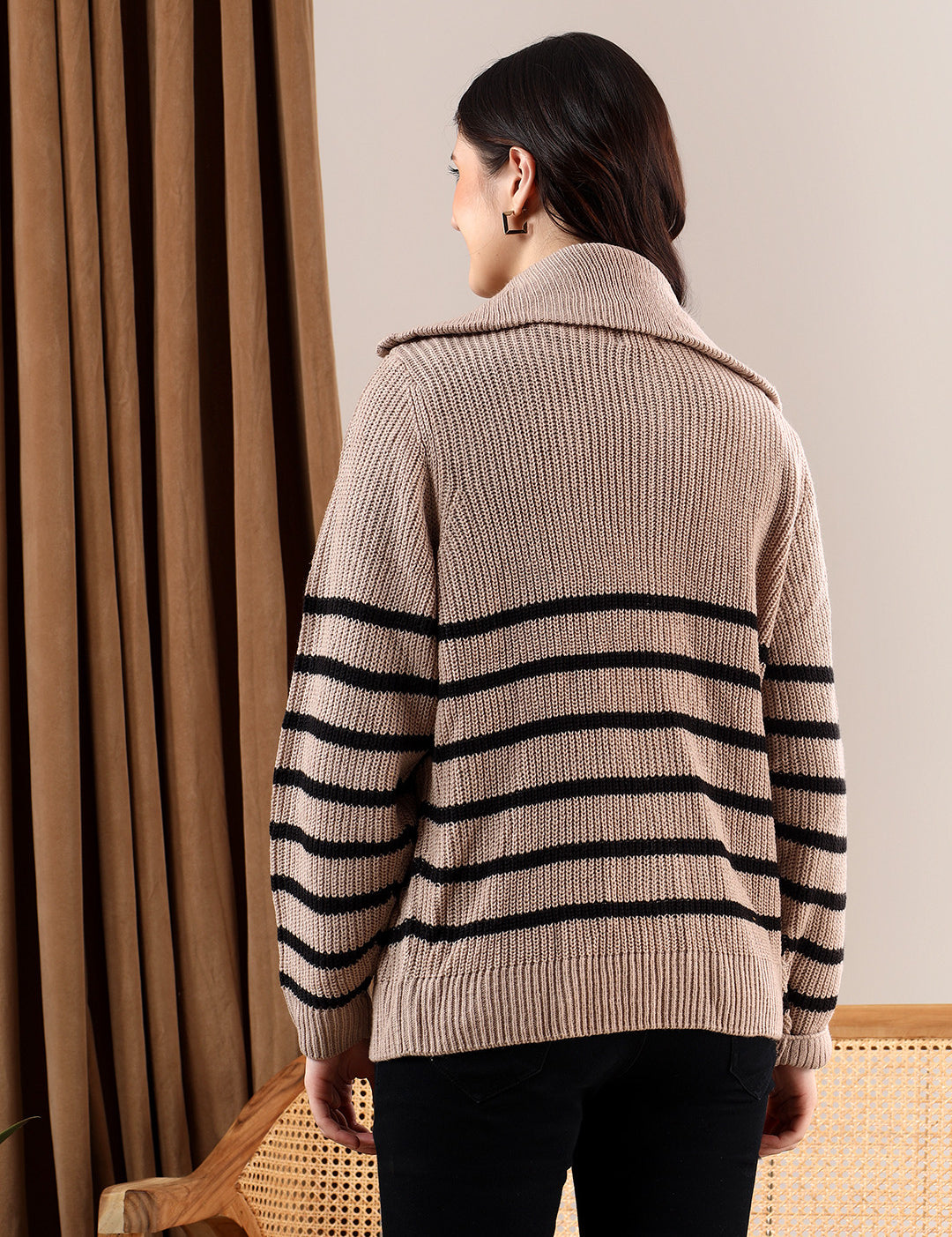 KOTTY Striped Collared Neck Casual Women Multicolor Sweater 