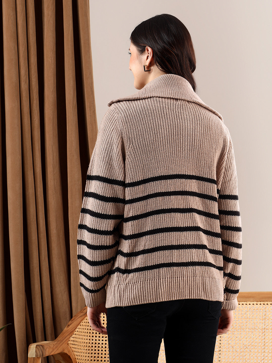 KOTTY Striped Collared Neck Casual Women Multicolor Sweater 