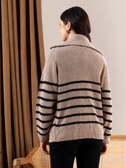 KOTTY Striped Collared Neck Casual Women Multicolor Sweater 