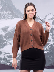 KOTTY Self Design V Neck Casual Women Brown Sweater 