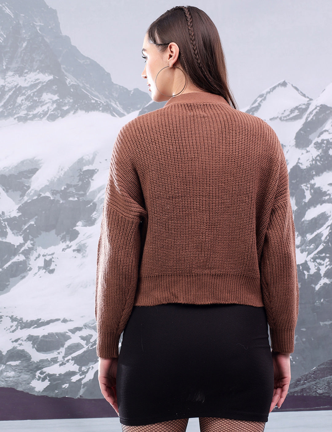 KOTTY Self Design V Neck Casual Women Brown Sweater 