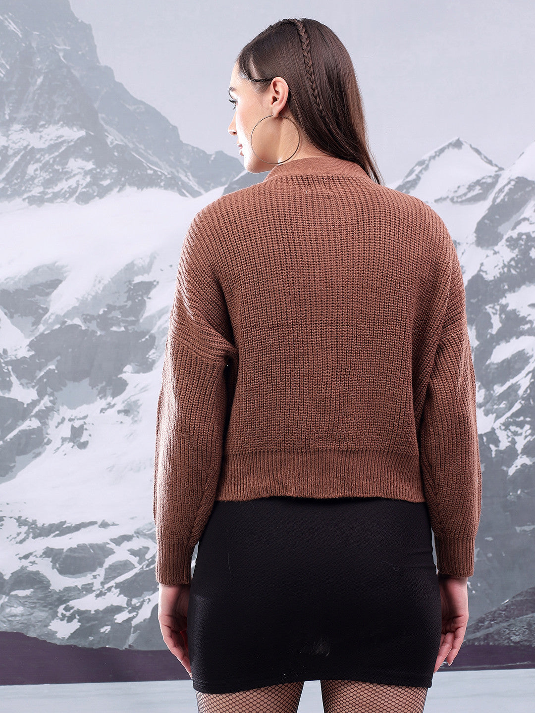 KOTTY Self Design V Neck Casual Women Brown Sweater 