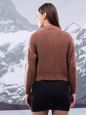 KOTTY Self Design V Neck Casual Women Brown Sweater 