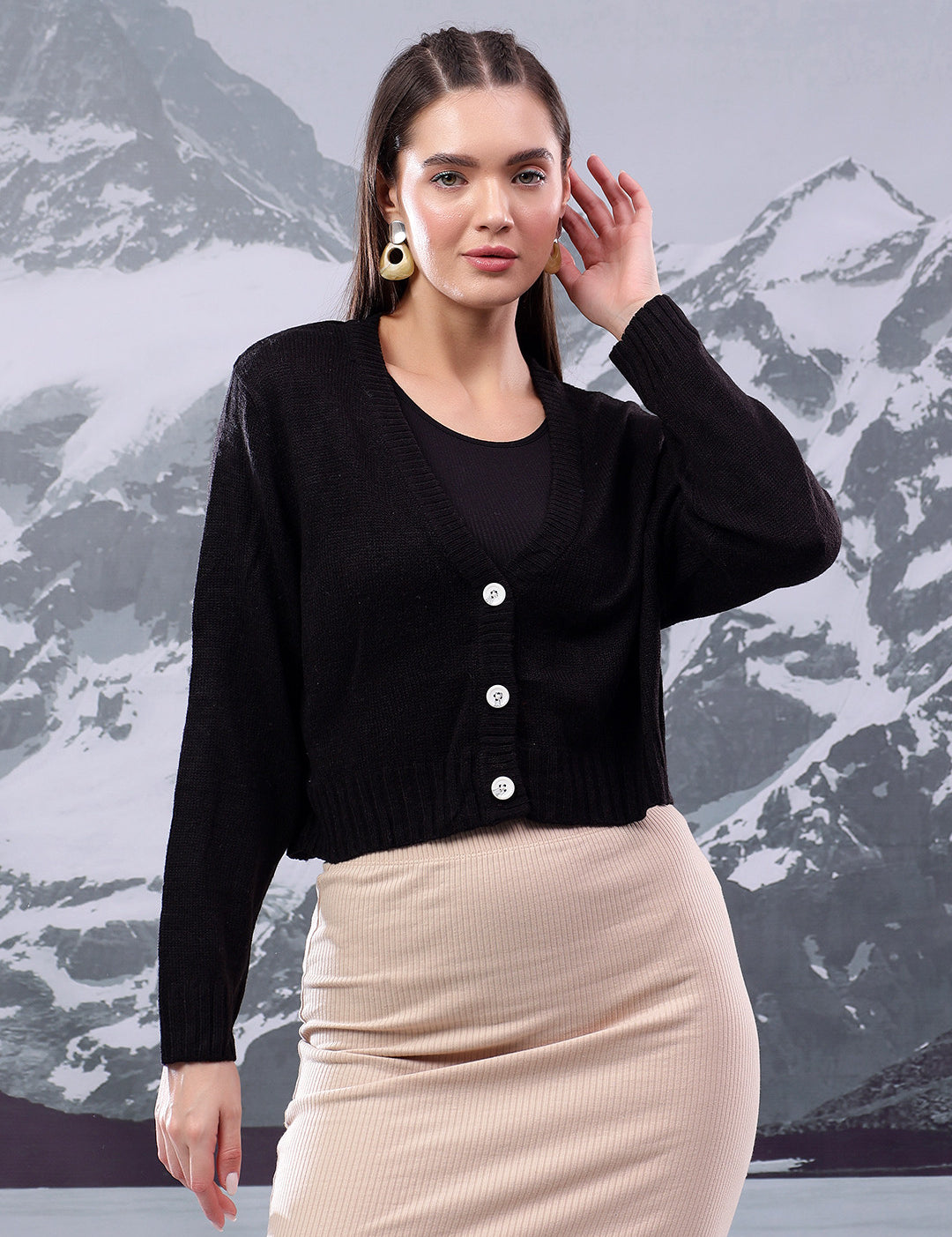 KOTTY Self Design V Neck Casual Women Black Sweater 